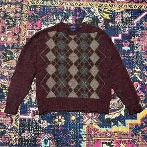 ALLEN SOLLY Vintage Men's Shetland Wool Grey Plaid Sweater LARGE